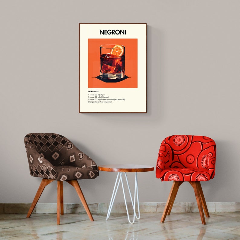 Negroni Cocktail Print, Negroni Decor, Negroni Poster, Bar Cart Decor, Cocktail Poster, Bar Cart Art, Retro Cocktail Print, Cocktail Art