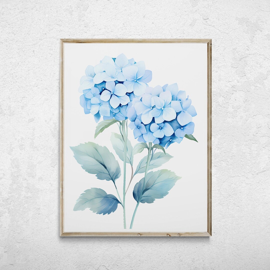 Blue Hydrangea Watercolor Print, Minimalist Floral Wall Art (digital ...