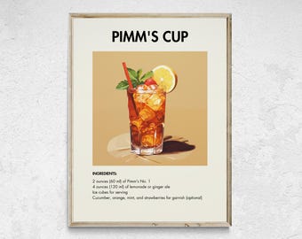 Pimm's Cup Cocktail Print, Minimalist Bar Cart Decor (Digital Download)
