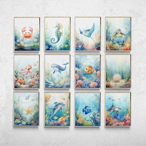 Impresiones de vivero bajo el mar, conjunto de 12, vivero con temática oceánica, arte de pared de animales marinos, carteles de animales náuticos del océano, impresiones de habitaciones Ocean Boy