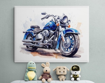 Impresión de motocicleta Chopper azul, arte de pared para guardería (descarga digital)