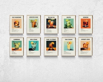 Cocktail Recipe Prints, Retro Bar Cart Wall Art (Set of 10) (Digital Download)