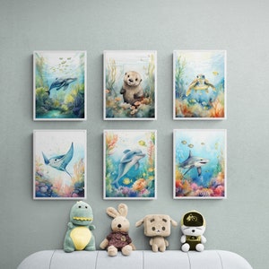 Ocean Animal Prints, Set of 6, Ocean Nursery Prints, Under the Sea Nursery, Ocean Themed Nursery, Sea Animal Wall Art, Boy Nursery Decor