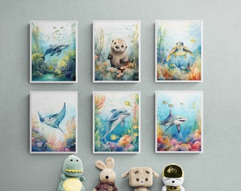 Ocean Animal Nursery Prints, Under the Sea Wall Art (Set of 6) (Digital Download)