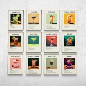 12er-Set Bar-Prints, druckbare Cocktail-Poster, klassische Cocktail-Wandkunst, Retro-Cocktail-Druck, minimalistische Alkoholdrucke, Barwagen-Kunst