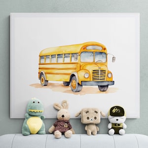 School Bus Print, Bus Poster, Yellow Bus Print, Automotive Wall Art, Vehicle Prints, Boys Room Wall Art, Kids Room Decor, Watercolor Art