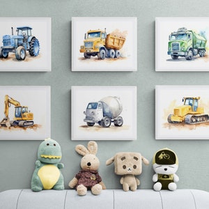 Set of 6 Vehicle Prints, Construction Wall Art, Transportation Print Nursery, Kids Gallery Wall Set, Truck Wall Art, Nursery Truck Prints