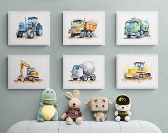 May include: Six watercolor paintings of different construction vehicles, including a tractor, a dump truck, a cement mixer, an excavator, a bulldozer, and a garbage truck. The paintings are framed in white and displayed on a light blue wall.