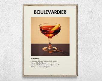 May include: A vintage-style poster with the title "BOULEVARDIER" in bold black text. The poster features a cocktail glass filled with a dark red liquid and a lemon twist garnish. The ingredients for the cocktail are listed below the image: 1.5 ounces (45 ml) of bourbon or rye whiskey, 1 ounce (30 ml) of Campari, 1 ounce (30 ml) of sweet vermouth (red vermouth), and orange twist or cherry for garnish.
