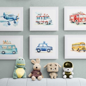 Set van 6 voertuigafdrukken, digitale download, transportprint kwekerij, kindergalerij wandset, jongenskamer decor, kinderkamer kunst aan de muur