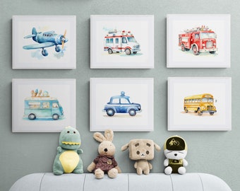 Stampe di veicoli ad acquerello, arte per bambini sui trasporti (download digitale)