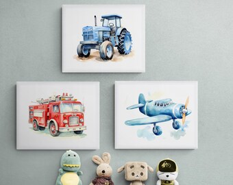 Stampe ad acquerello di veicoli, decorazioni per la cameretta dei bambini (download digitale)