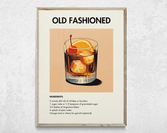 Old Fashioned Cocktail Print, Old Fashioned Poster, Retro Cocktail Print, Cocktail Printable, Classic Cocktails, Bar Cart Decor, Bar Prints