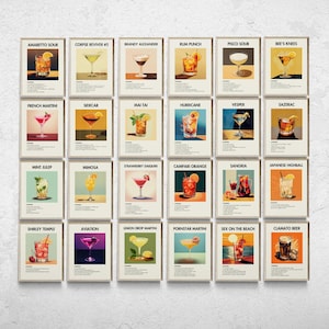 Gallery Wall Set of 24, Retro Cocktail Prints, Cocktail Wall Art, Minimalist Wall Art, Bar Cart Prints, Alcohol Prints, Trendy Wall Art