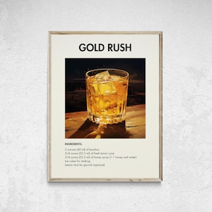 Cóctel Gold Rush imprimible, impresión minimalista de alcohol, póster de cóctel Gold Rush, arte mural de cócteles, decoración de pared de cócteles, decoración de carrito de bar