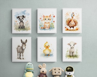 Watercolor Farm Animal Nursery Prints, Set of 6 (Digital Download)