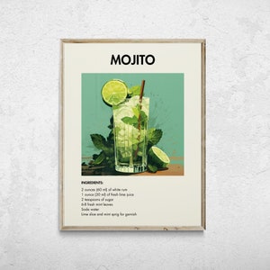 Mojito Cocktail Print, Mojito Poster, Mojito Decor, Mojito Print, Retro Cocktail Print, Bar Cart Art, Alcohol Prints, Cocktail Printable