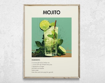 Retro Mojito Cocktail Print, Bar Cart Decor (Digital Download)