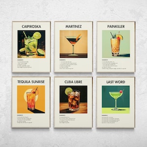 Set of 6 Bar Prints, Printable Cocktail Posters, Classic Cocktail Wall Art, Retro Cocktail Print, Minimalist Alcohol Prints, Bar Cart Art