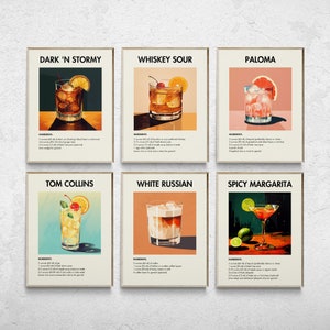 Retro Cocktail Prints, Set of 6, Bar Cart Prints, Classic Cocktail Wall Art, Minimalist Alcohol Prints, Retro Wall Art, Minimalist Wall Art