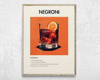 Negroni Cocktail Print, Negroni Decor, Negroni Poster, Bar Cart Decor, Cocktail Poster, Bar Cart Art, Retro Cocktail Print, Cocktail Art