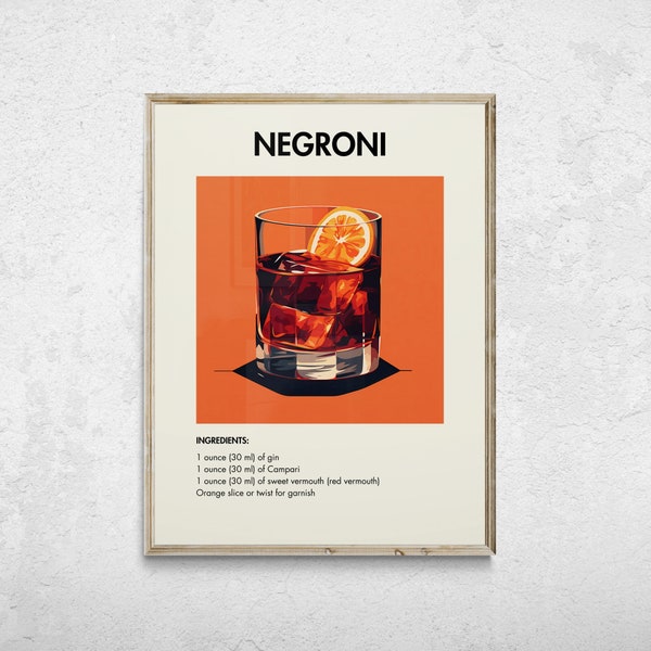 Negroni Cocktail Print, Negroni Decor, Negroni Poster, Bar Cart Decor, Cocktail Poster, Bar Cart Art, Retro Cocktail Print, Cocktail Art