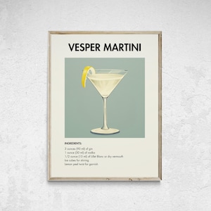Cóctel Vesper Martini imprimible, impresión minimalista de alcohol, póster de cóctel Vesper Martini, arte de pared de cóctel, decoración de pared de cóctel, arte de bar
