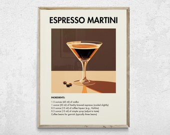 May include: A vintage-style poster with a brown background and a martini glass filled with a dark liquid. The text "ESPRESSO MARTINI" is at the top of the poster. The ingredients for the cocktail are listed below the image of the martini glass.