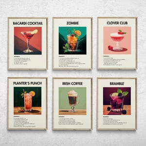 Printable Cocktail Posters, Set of 6, Classic Cocktail Wall Art, Minimalist Alcohol Prints, Bar Cart Art, Bar Prints, Minimalist Wall Art