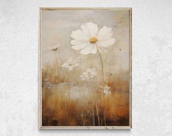 Printable Nature Painting, Wildflower Field Oil Painting, Vintage Landscape, Warm Tone Print, Farmhouse Print, Muted Tonal Print Vintage Art