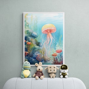 Jellyfish Nursery Decor, Jellyfish Art, Under The Sea, Cute Sea Animal, Baby Jellyfish Art, Ocean Themed Nursery, Sea Animal Wall Art