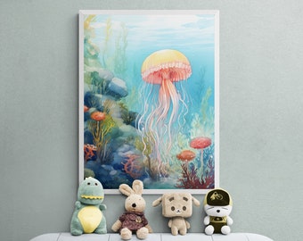 Quadro decorativo para quarto de bebê com tema de água-viva, fundo do mar (download digital)