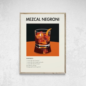 Cóctel de mezcal negroni imprimible, impresión minimalista de alcohol, póster de cóctel de mezcal negroni, arte de pared de cóctel, decoración de pared de cóctel, arte de bar
