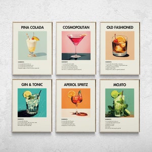 6 Cocktail Drucke, Bar Cart Drucke, Klassische Cocktail Wandkunst, Minimalistische Alkohol Drucke, Retro Wandkunst, Minimalistische Wandkunst