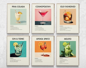 Set of 6 Cocktail Prints, Bar Cart Prints, Classic Cocktail Wall Art, Minimalist Alcohol Prints, Retro Wall Art, Minimalist Wall Art