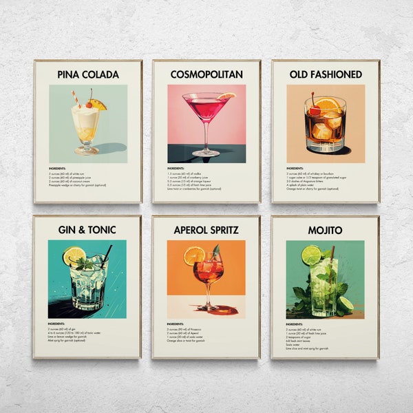 Set of 6 Cocktail Prints, Bar Cart Prints, Classic Cocktail Wall Art, Minimalist Alcohol Prints, Retro Wall Art, Minimalist Wall Art