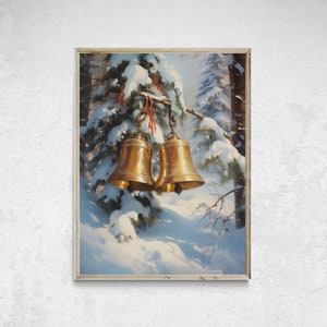 Jingle Bells Art, Vintage Christmas Print, Printable Wall Art, Brass Bells Art, Winter Holiday Decor, Christmas Wall Art, Winter Print