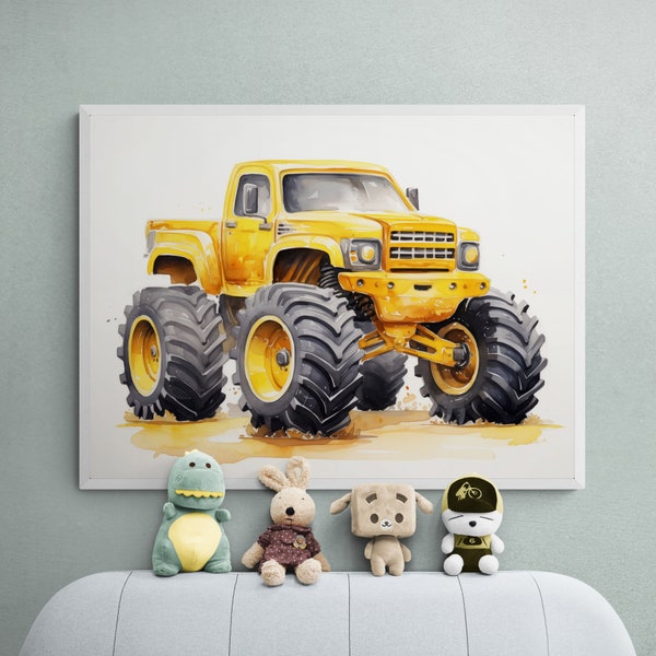 Yellow Monster Truck Printable, Car Print Boys Room, Automotive Wall Art, Vehicle Prints, Boys Room Wall Art, Kids Room Decor, Car Printable