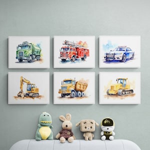 Set of 6 Vehicle Prints, Construction Wall Art, Transportation Print Nursery, Kids Gallery Wall Set, Truck Wall Art, Nursery Truck Prints