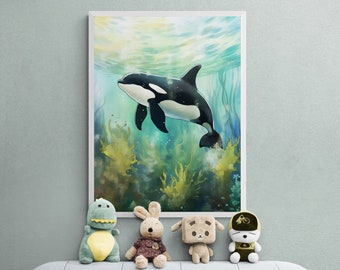 Watercolor Orca Whale Nursery Print, Ocean Theme (Digital Download)