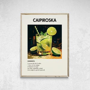 Impresión de cóctel Caipiroska, impresión minimalista de alcohol, póster de cóctel Caipiroska, arte mural de cócteles, decoración de pared de cócteles, decoración de carrito de bar