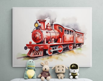 Watercolor Steam Train Print, Boys Nursery Decor (Digital Download)