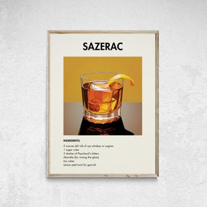 Sazerac Cocktail Print, Sazerac Poster, Retro Cocktail Print, Cocktail Printable, Classic Cocktail, Bar Cart Decor, Bar Prints, Bar Cart Art