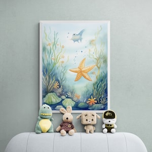 Acuarela estrella de mar imprimible, arte de vivero náutico, bajo el mar, decoración del baño para niños, decoración de la pared costera, cartel de animales de la sala de juegos para niños