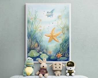 May include: A watercolor painting of an underwater scene with a starfish, a fish, and seaweed. Four plush toys are sitting in front of the painting: a green dinosaur, a brown bunny, a brown bear, and a yellow and blue robot.