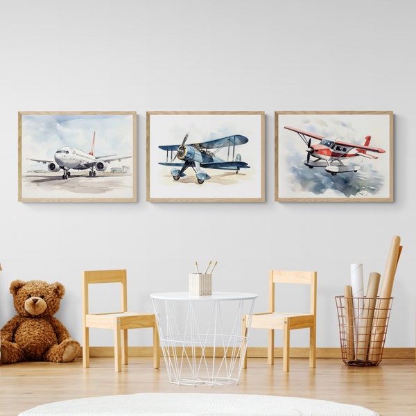 Set of 3 Watercolor Airplane Prints, Aircraft Wall Art, Plane Printable, Aviation Print, Game Room Decor, Nursery Art Printable, Toddler Boy