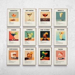 Juego de 12 impresiones de cócteles retro, arte mural de cócteles clásicos, impresiones minimalistas de alcohol, decoración de carrito de bar, cóctel exclusivo, arte mural de carrito de bar