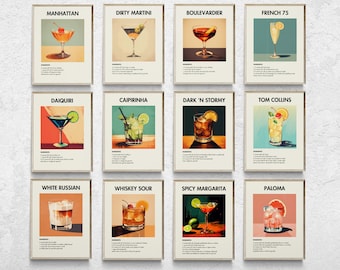Retro Cocktail Art Prints, Bar Cart Decor Set of 12 (Digital Download)