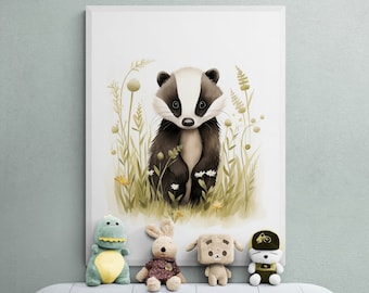 Aquarel dassenprint, decor boskwekerij (digitale download)