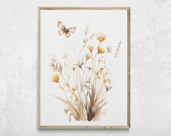 May include: A watercolor painting of a bouquet of delicate, light brown wildflowers with a single butterfly perched on a stem. The flowers are arranged in a loose, natural style, and the butterfly is depicted with its wings spread wide.